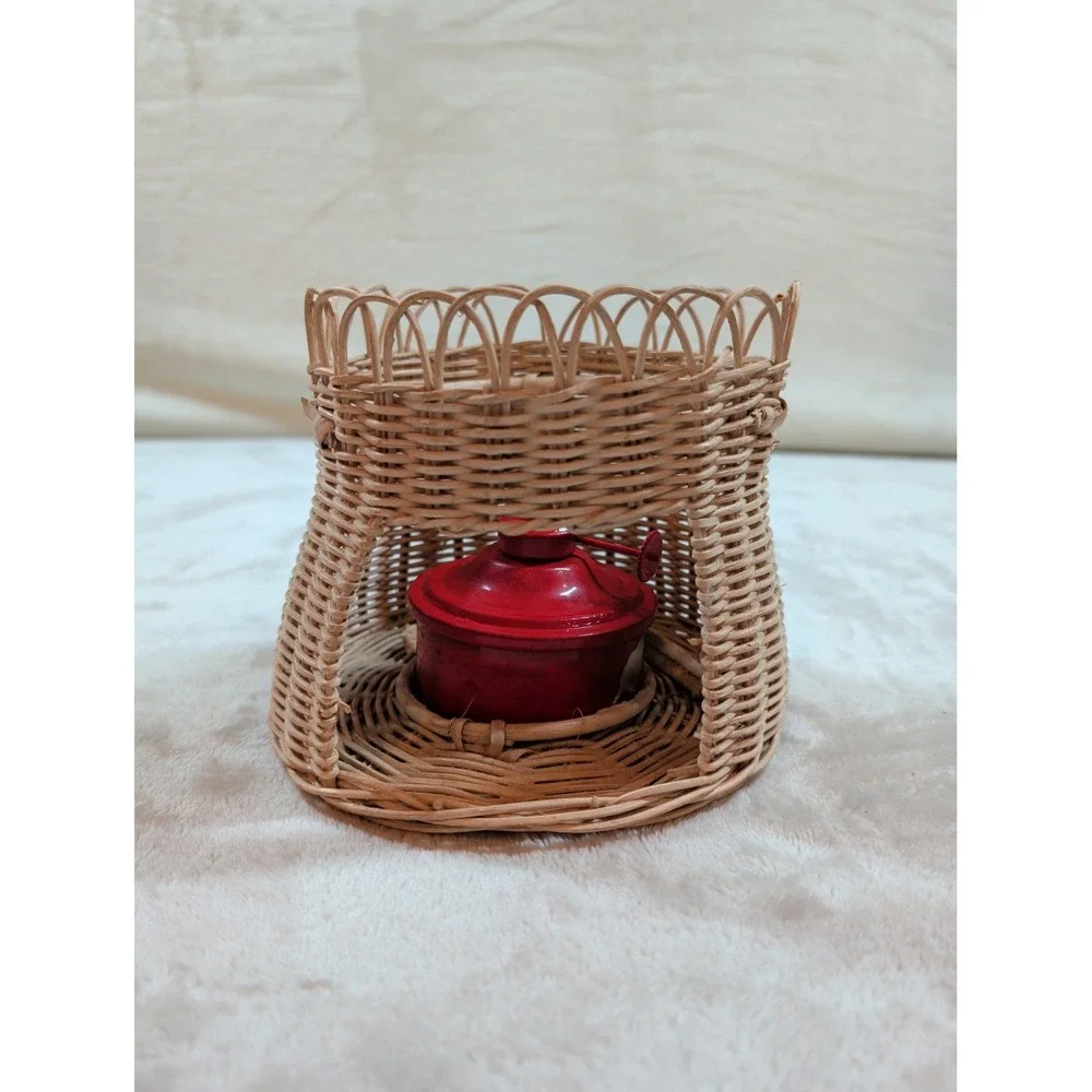 VTG Wicker Basket Oil Lamp Red Metal Miniature Lantern Rustic Farmhouse‎ Decor